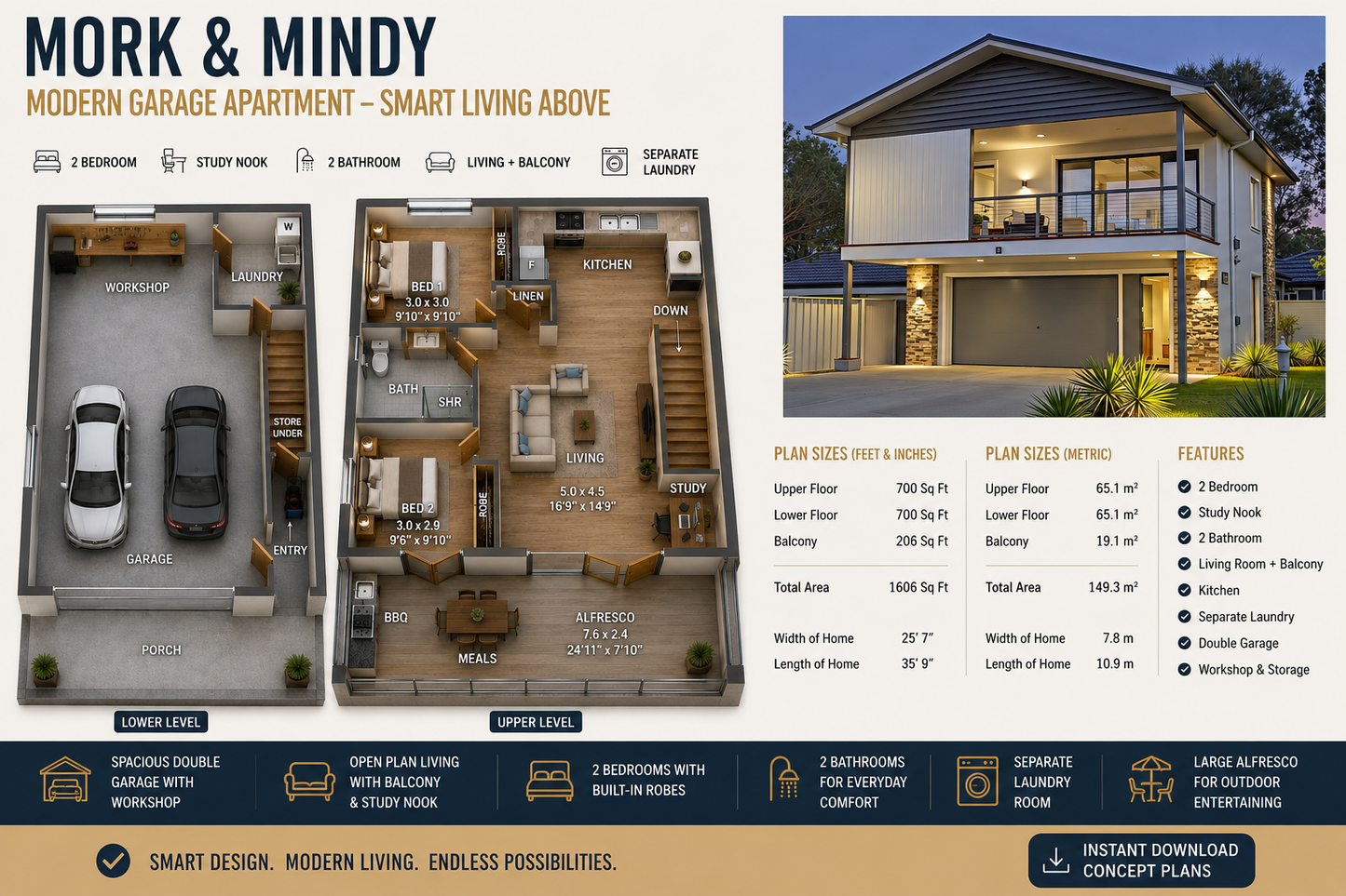 149.3MKM Mork & Mindy Garage Apartment Plan | 2 Bed Garage Home
