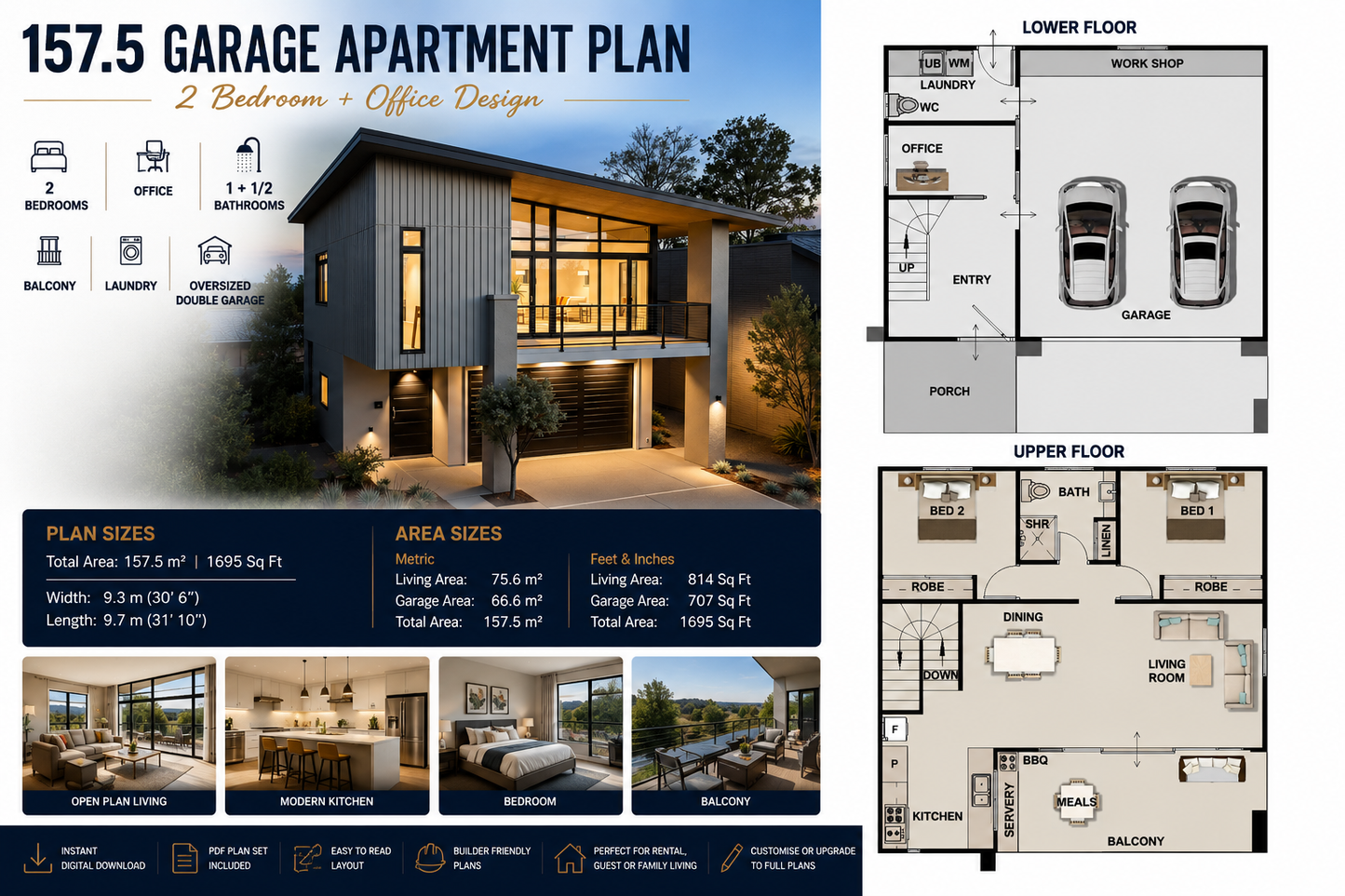 157.5 Garage Apartment House Plan | 2 Bed + Office | 1695 Sq Ft