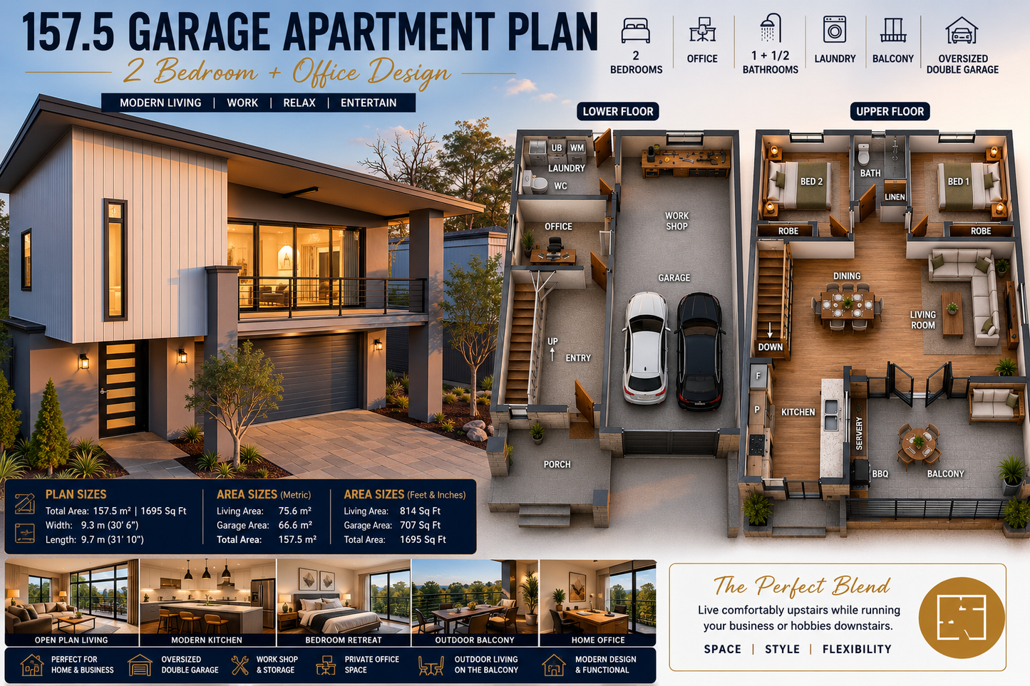 157.5 Garage Apartment House Plan | 2 Bed + Office | 1695 Sq Ft