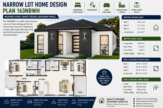 Narrow Lot Urban Home Design Plan 163NBWH | 3 Bedroom Modern Narrow Block House Plan | 150.7 m² | 1627 Sq Ft