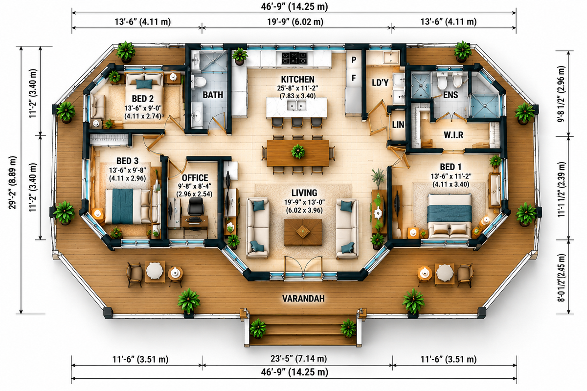 3 Bedroom House Plan + Office | Wraparound Verandah | Concept & Modification Starter Pack
