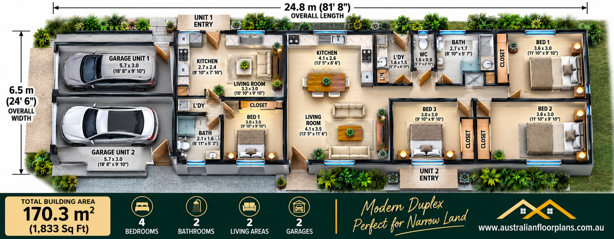 171DU Dual Key House Plan | Narrow Lot Dual Living Design | 4 Bed | 2 Bath
