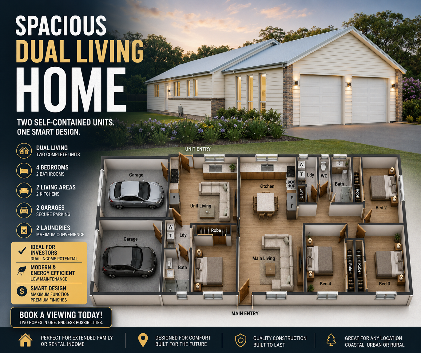 Dual Key Home Example 171DU Dual Key House Plan | Narrow Lot Dual Living Design | 4 Bed | 2 ...