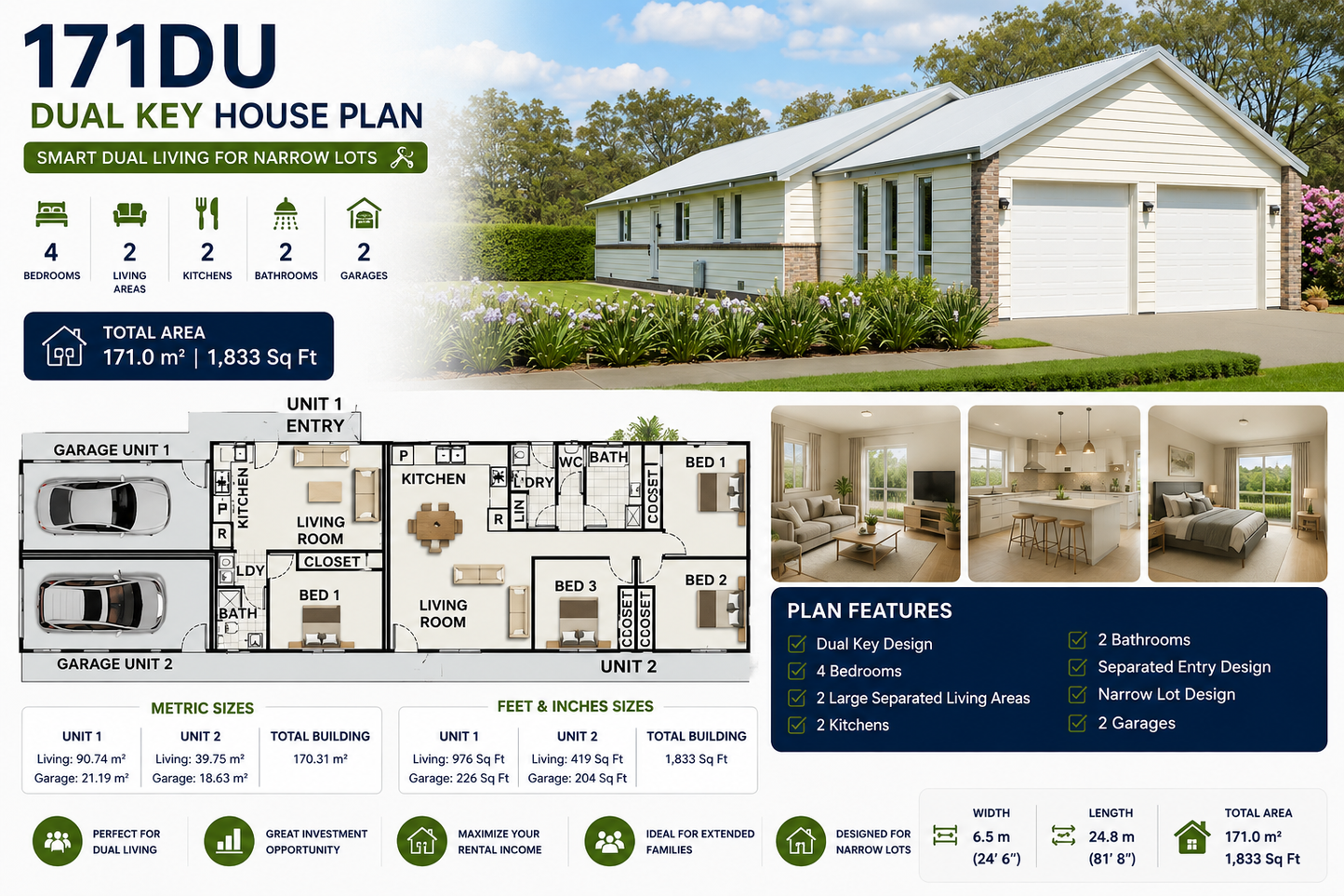 171DU Dual Key House Plan | Narrow Lot Dual Living Design | 4 Bed | 2 Bath