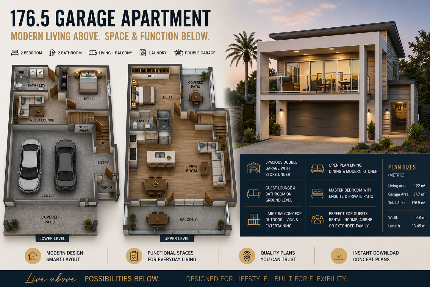 176.5 Garage Apartment Plan – 2 Bedroom Garage Home Design-Modern 2 Bedroom Garage Apartment with Balcony &amp; Double Garage