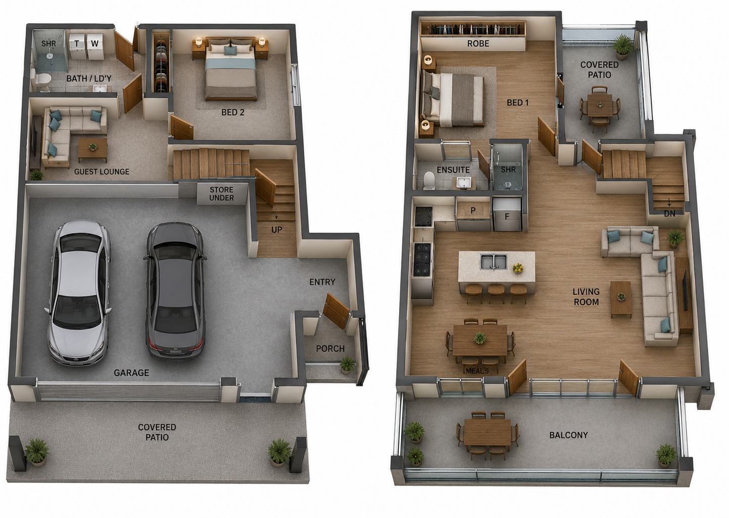 176.5 Garage Apartment Plan – 2 Bedroom Garage Home Design-Modern 2 Bedroom Garage Apartment with Balcony &amp; Double Garage