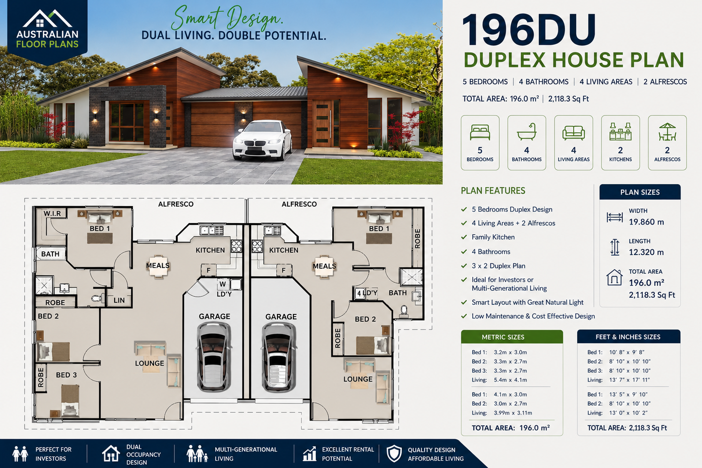 196DU Duplex House Plan | 196.0 m² | 2,118 Sq Ft | 5 Bedroom Dual Occupancy Design