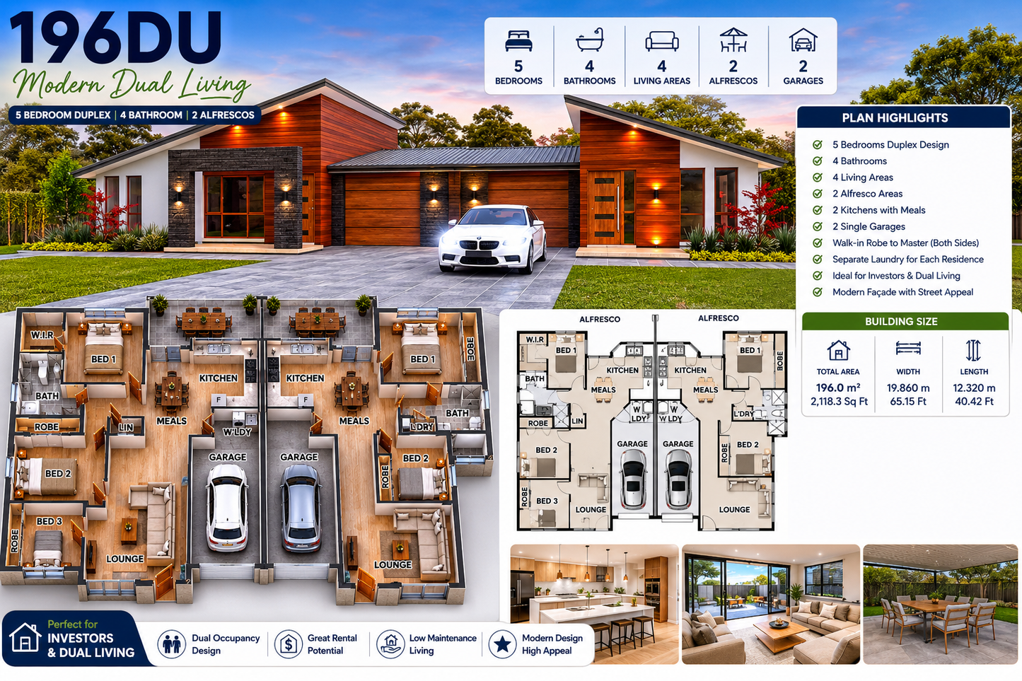 196DU Duplex House Plan | 196.0 m² | 2,118 Sq Ft | 5 Bedroom Dual Occupancy Design