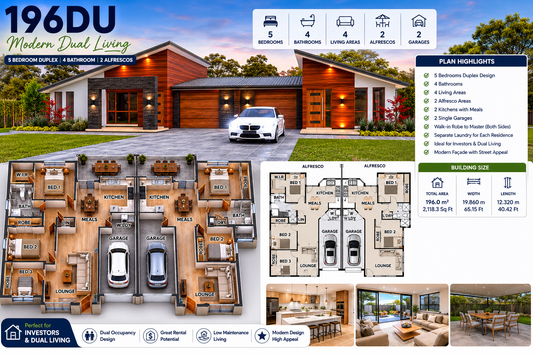 196DU Duplex House Plan | 196.0 m² | 2,118 Sq Ft | 5 Bedroom Dual Occupancy Design