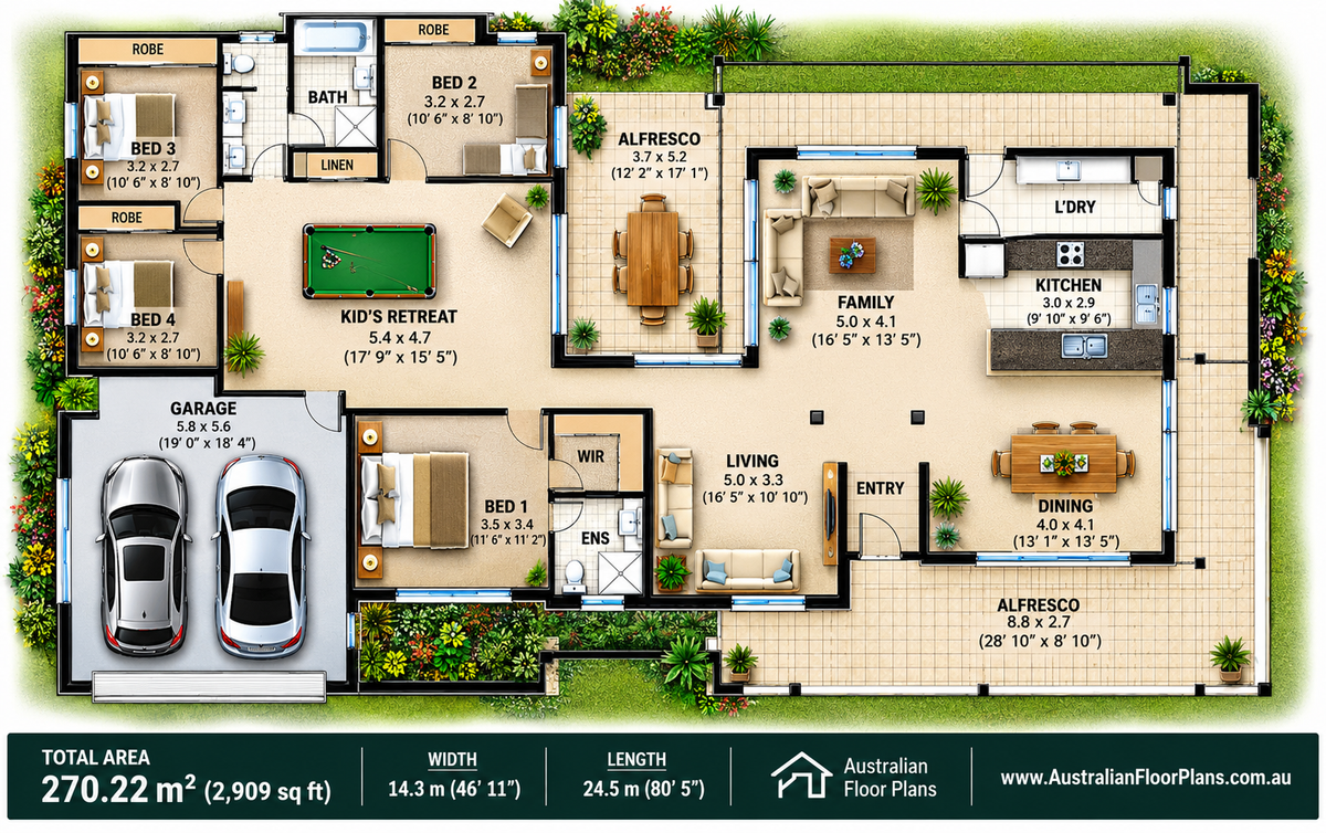 198KR Australian Homestead | 4 Bedroom Country House Plan | 270.22 m² (2,909 Sq Ft)