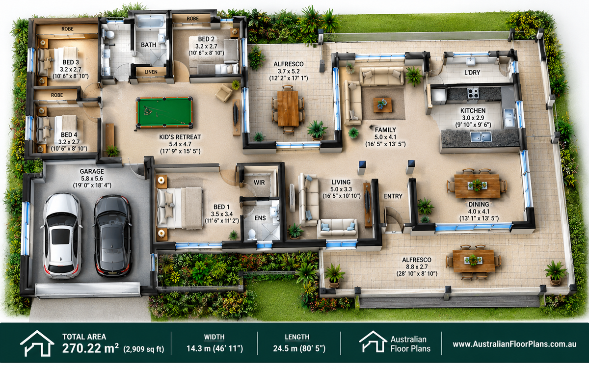 198KR Australian Homestead | 4 Bedroom Country House Plan | 270.22 m² (2,909 Sq Ft)