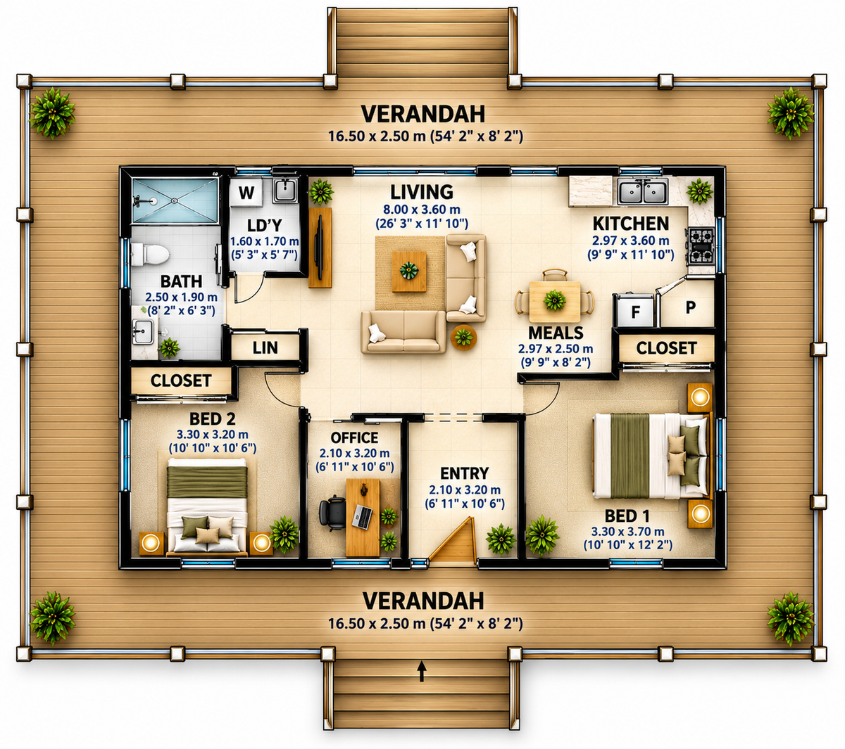 Aspen Ridge 199.7 | 2 Bedroom Ranch House Plans with Office & Wraparound Verandah