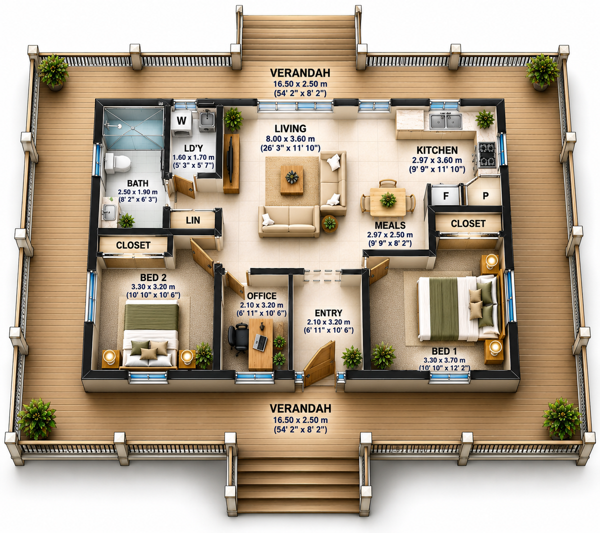 Aspen Ridge 199.7 | 2 Bedroom Ranch House Plans with Office & Wraparound Verandah