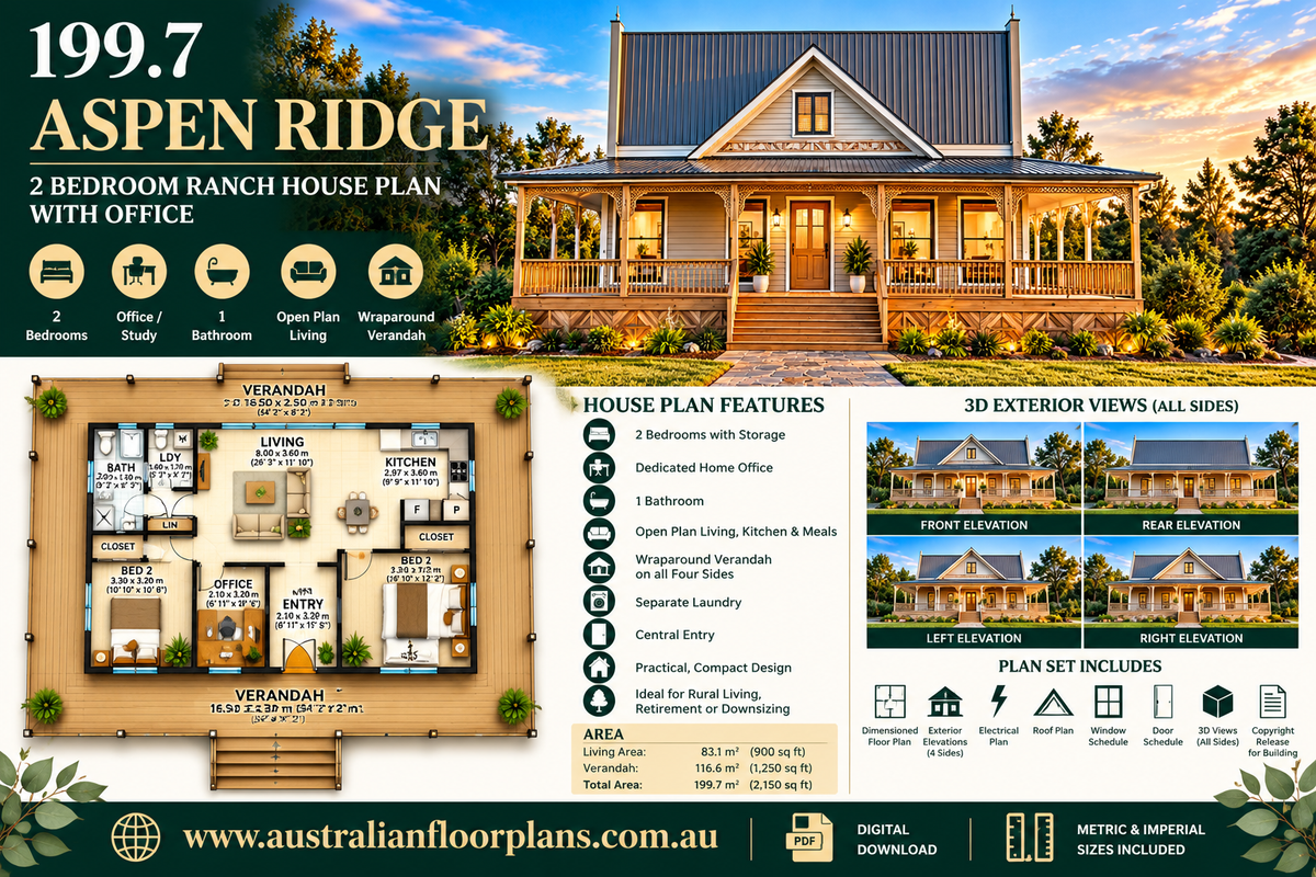 Aspen Ridge 199.7 | 2 Bedroom Ranch House Plans with Office & Wraparound Verandah