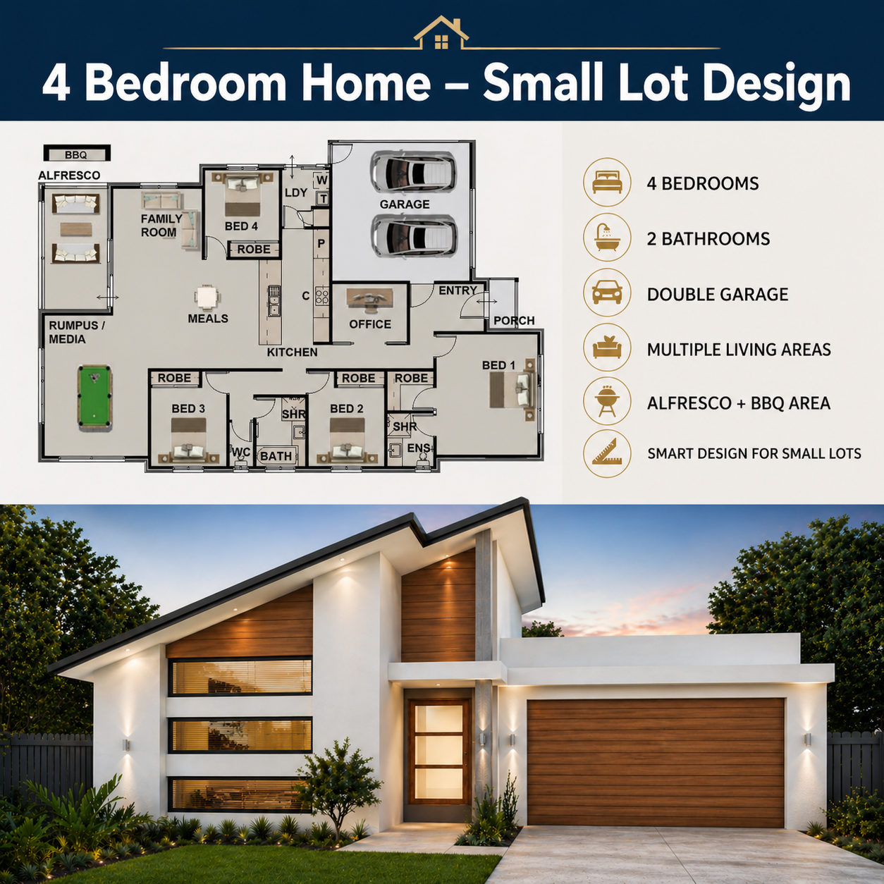 220 My Pad – Small Lot 4 Bedroom Home Design | 225 m² | 2,424 Sq Ft | Narrow Lot House Plan