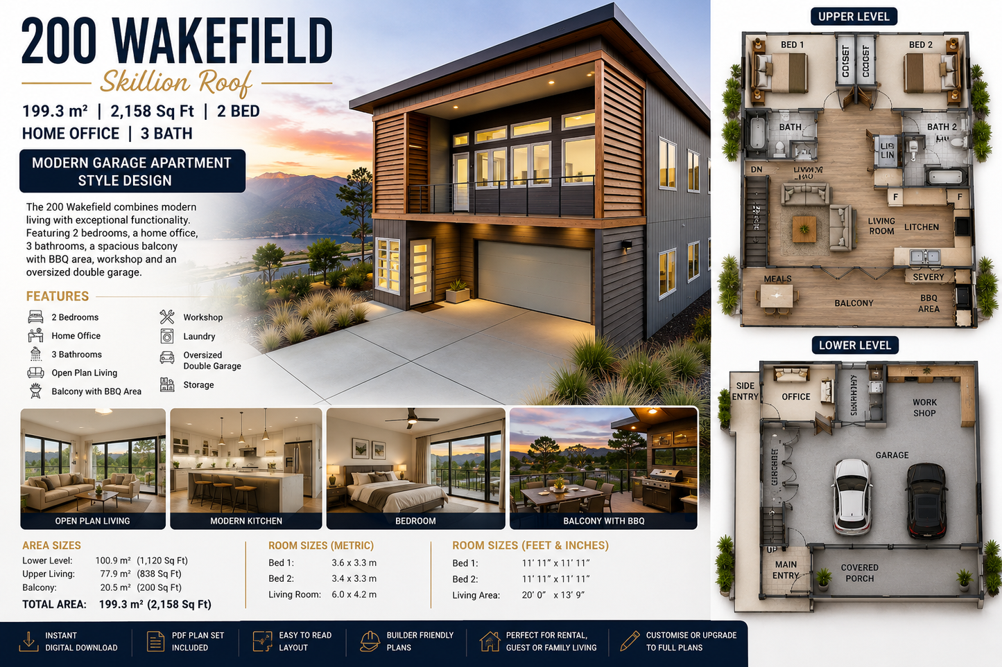200 Wakefield Skillion Roof Garage Apartment Plan | 2 Bed Home Office | 199.3 m² | 2,158 Sq Ft