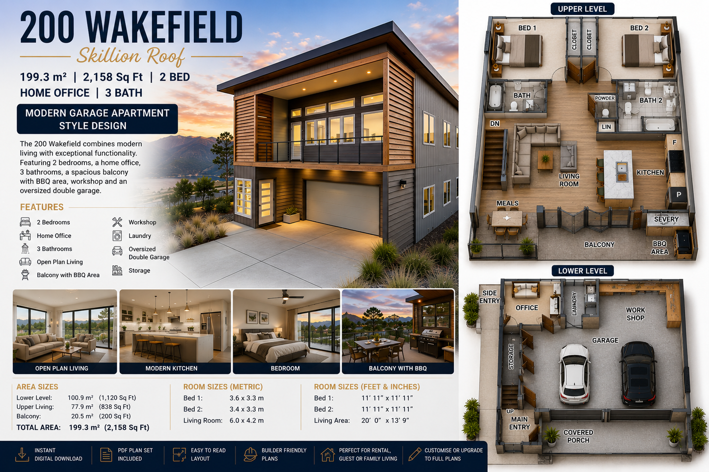 200 Wakefield Skillion Roof Garage Apartment Plan | 2 Bed Home Office | 199.3 m² | 2,158 Sq Ft