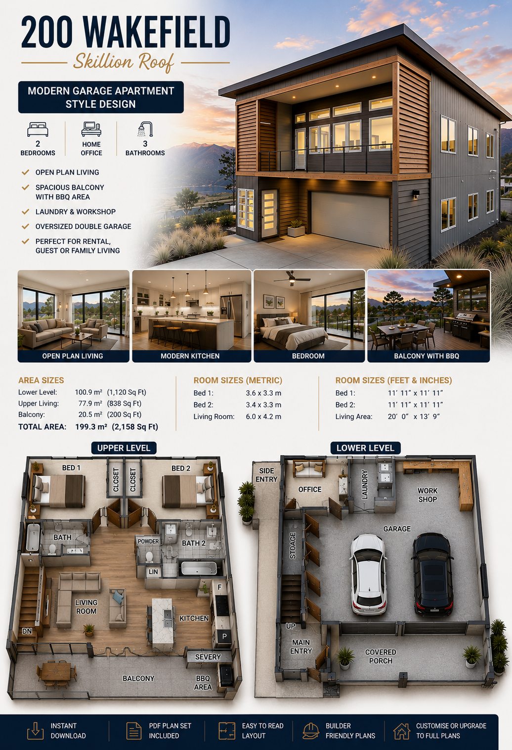 200 Wakefield Skillion Roof Garage Apartment Plan | 2 Bed Home Office | 199.3 m² | 2,158 Sq Ft