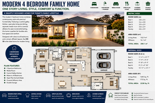 208 SB | Modern 4 Bedroom Single Storey House Plan with Media Room & Alfresco | 208.1 m² | 2,238 Sq Ft
