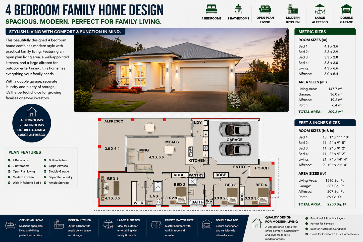 Narrow Lot House Plan – 209.3LH | 4 Bedroom Modern Family Home