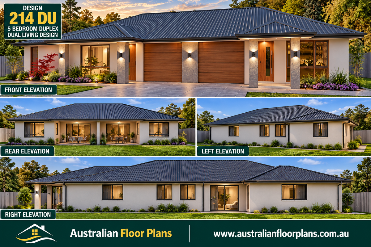 Modern 5 Bedroom Duplex House Plans – 3 Bed + 2 Bed Dual Living | Design 214 DU