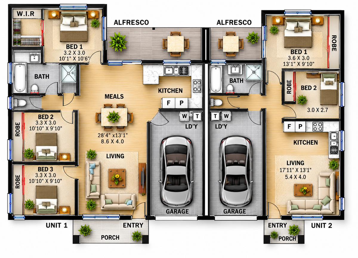 Modern 5 Bedroom Duplex House Plans – 3 Bed + 2 Bed Dual Living | Design 214 DU