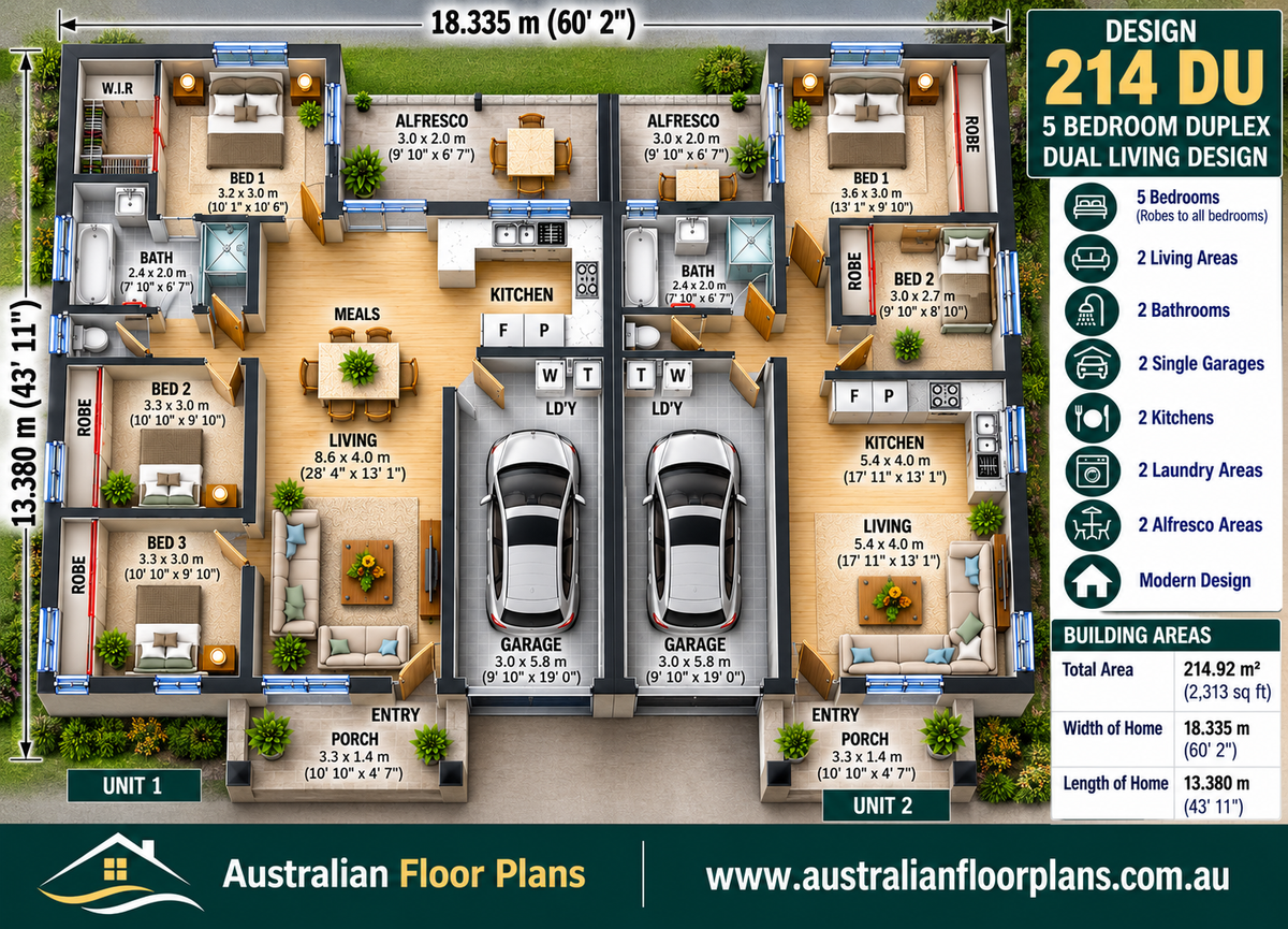 Modern 5 Bedroom Duplex House Plans – 3 Bed + 2 Bed Dual Living | Design 214 DU