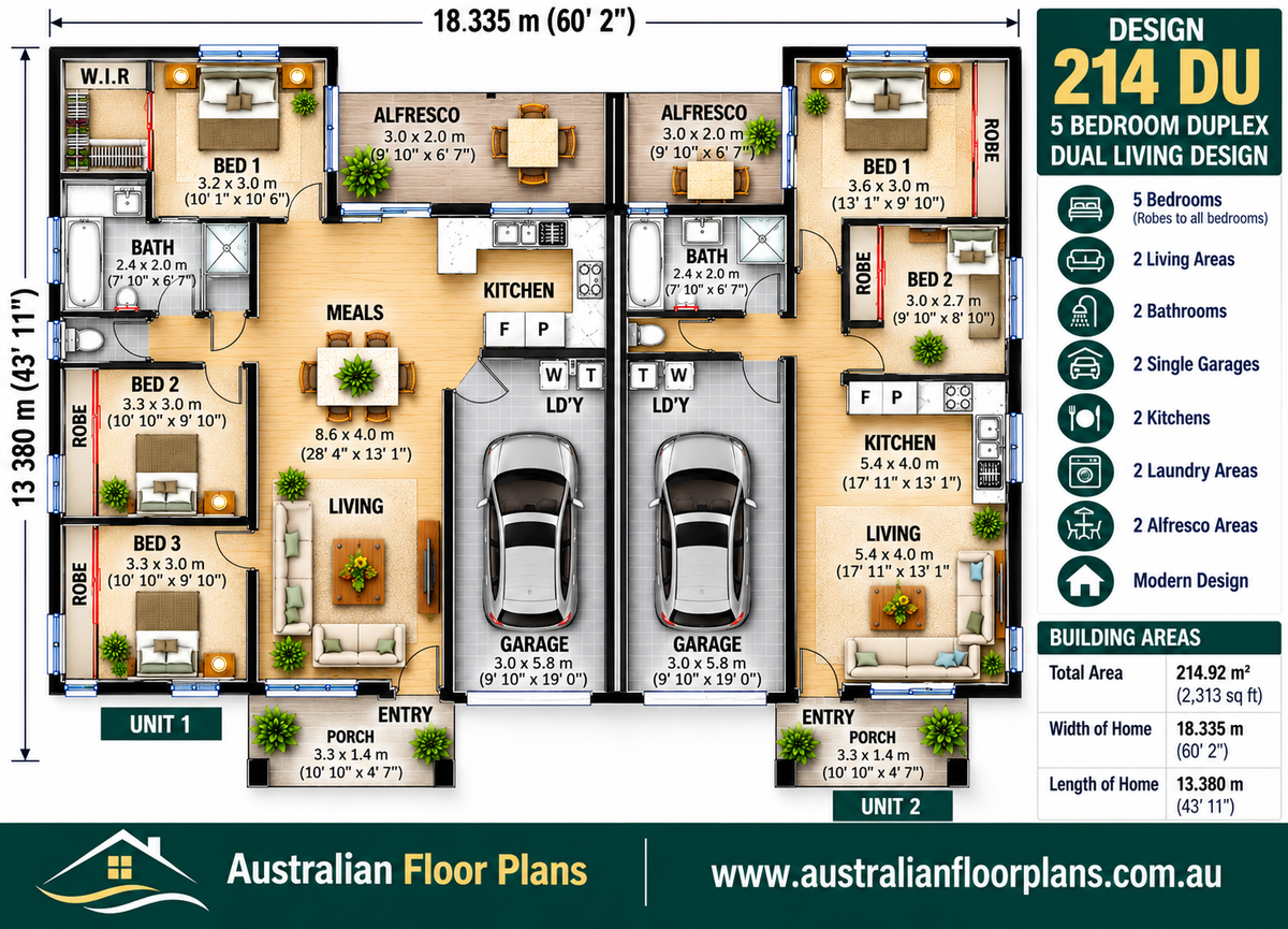 Modern 5 Bedroom Duplex House Plans – 3 Bed + 2 Bed Dual Living | Design 214 DU
