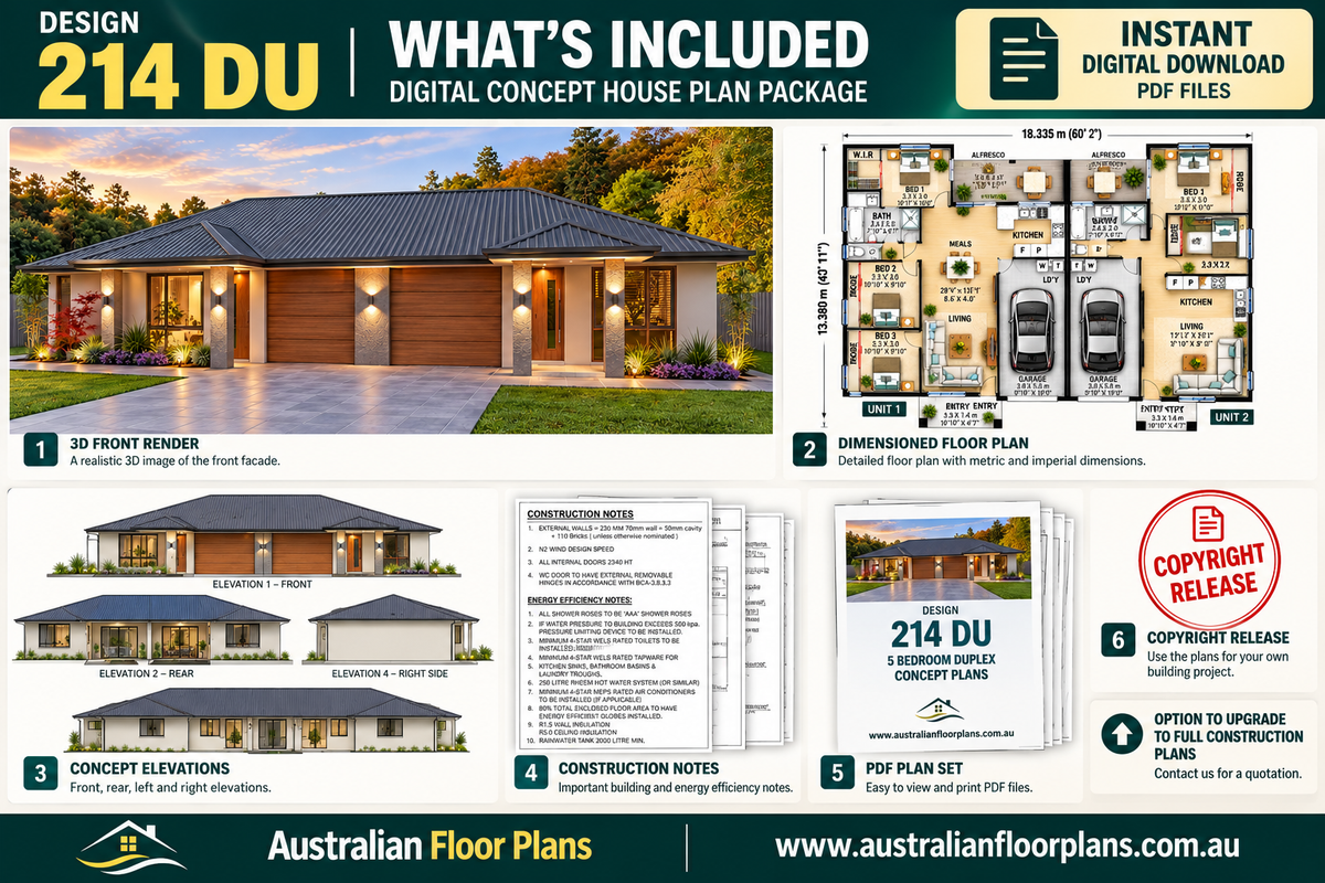 Modern 5 Bedroom Duplex House Plans – 3 Bed + 2 Bed Dual Living | Design 214 DU