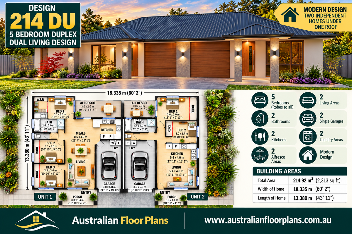 Modern 5 Bedroom Duplex House Plans – 3 Bed + 2 Bed Dual Living | Design 214 DU