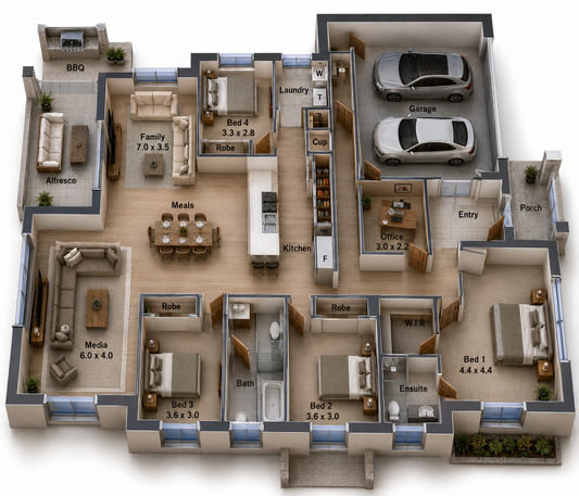 220 My Pad | Modern 4 Bedroom Narrow Lot House Plan with Media Room, Study & Alfresco | 225 m² | 2,424 Sq Ft