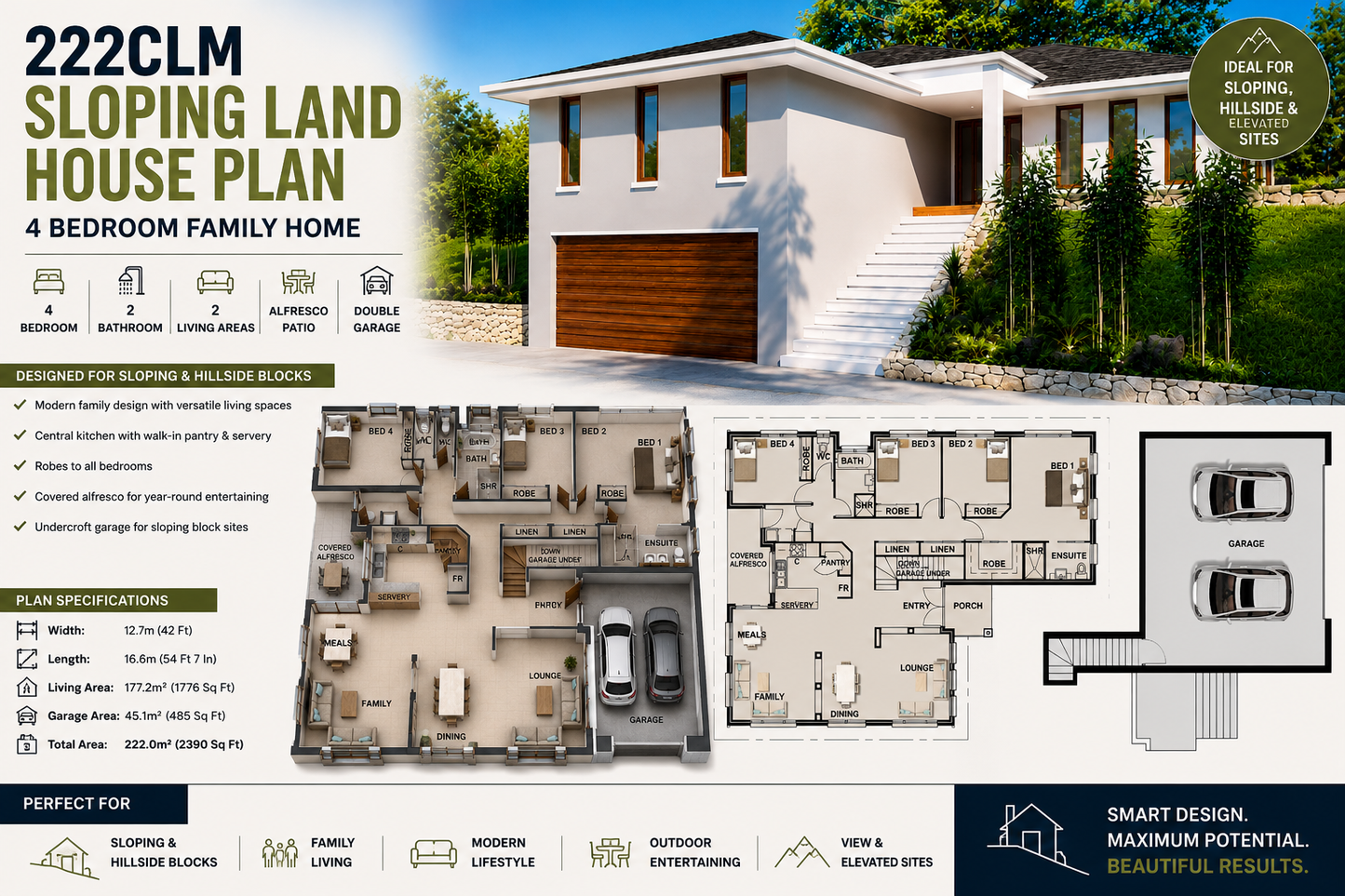 222CLM Sloping Land House Plan – 4 Bedroom Family Home