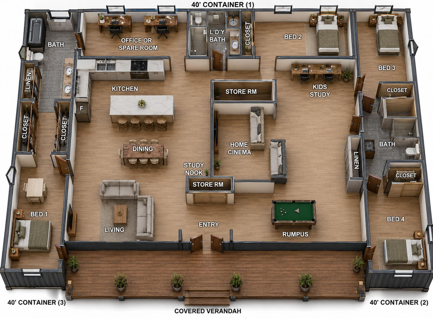 208.1m² | 2240 Sq Ft | 4 Bed | 3 Bath | 2240 Billy Shipping Container Home Plan
