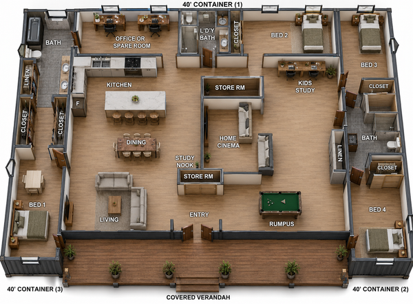 208.1m² | 2240 Sq Ft | 4 Bed | 3 Bath | 2240 Billy Shipping Container ...