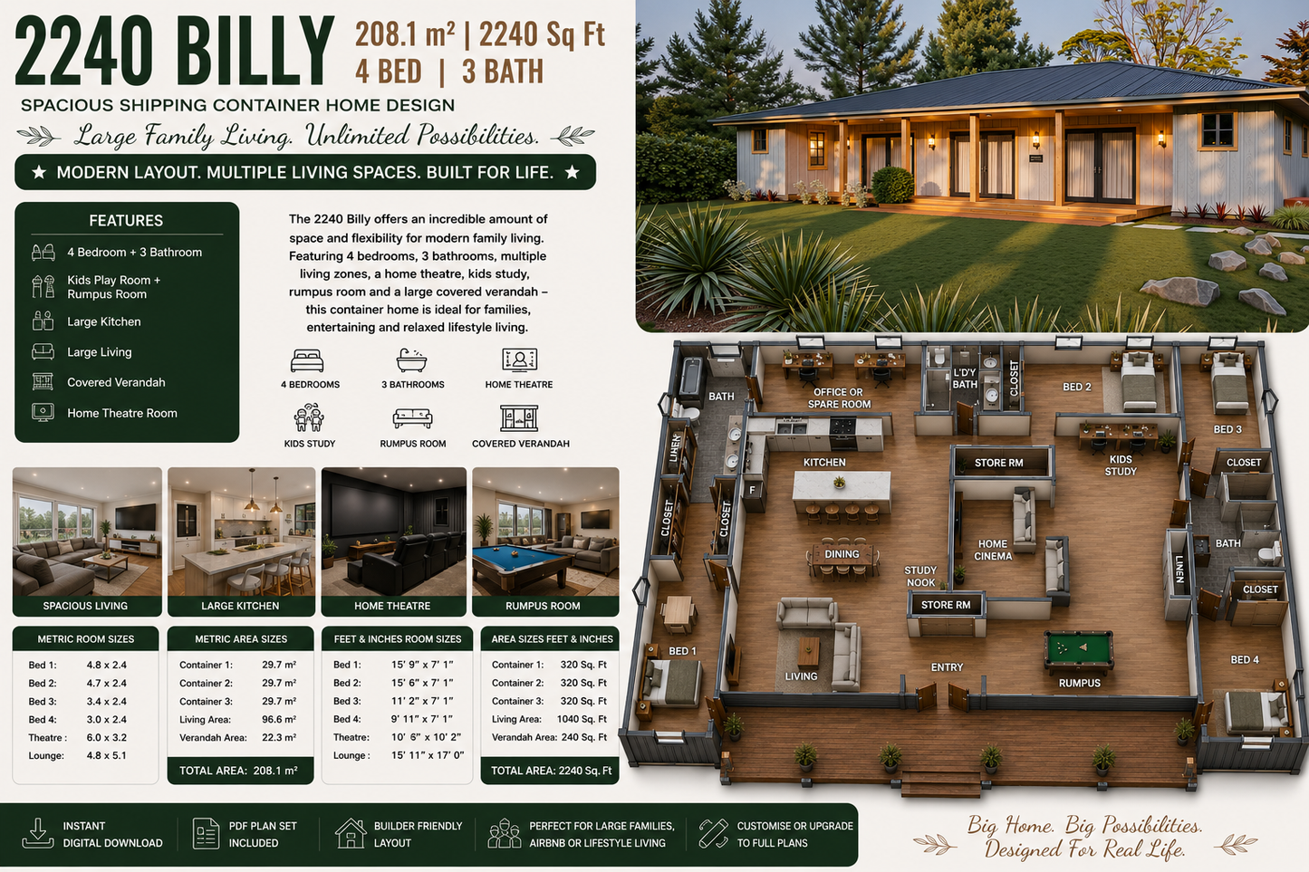 208.1m² | 2240 Sq Ft | 4 Bed | 3 Bath | 2240 Billy Shipping Container Home Plan