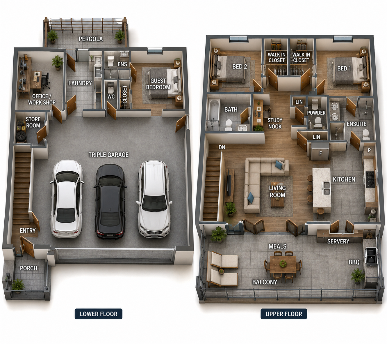 227 Haven RH Garage Apartment Plan | 3 Bed + Office | 2454 Sq Ft- Modern 3 bedroom garage apartment plan with office