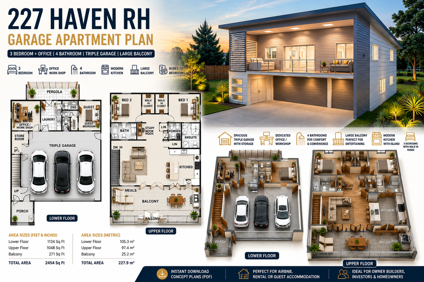 227 Haven RH Garage Apartment Plan | 3 Bed + Office | 2454 Sq Ft- Modern 3 bedroom garage apartment plan with office