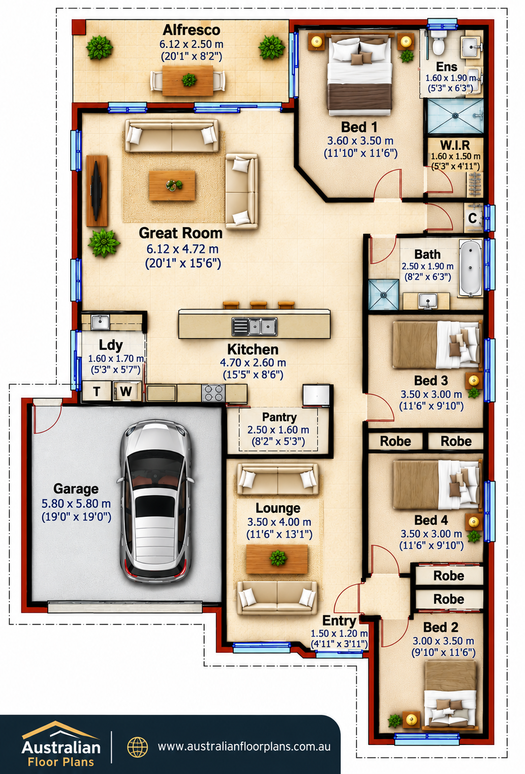4 Bedroom Modern House Plan – 232 Living | 232 m² Single Storey Family Home