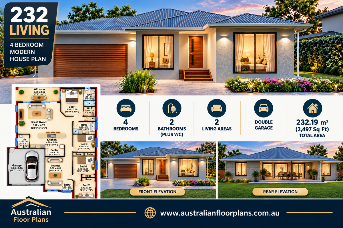 4 Bedroom Modern House Plan – 232 Living | 232 m² Single Storey Family Home