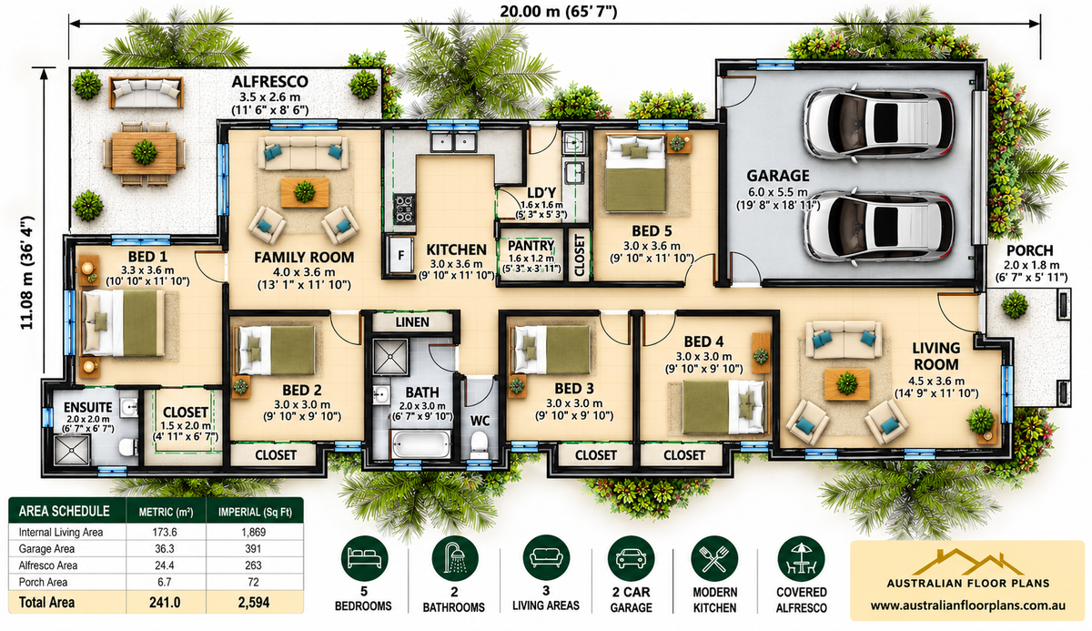 232RH Nara – Modern 5 Bedroom House Plan | Single Storey Home Design | 241m² / 2,594 Sq Ft