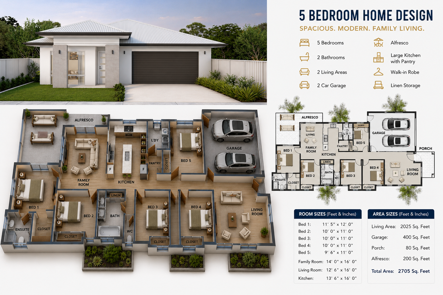 Narrow Lot House Plan – 232NARA | 5 Bedroom Family Home Design | 2596 Sq Ft | 241 m²