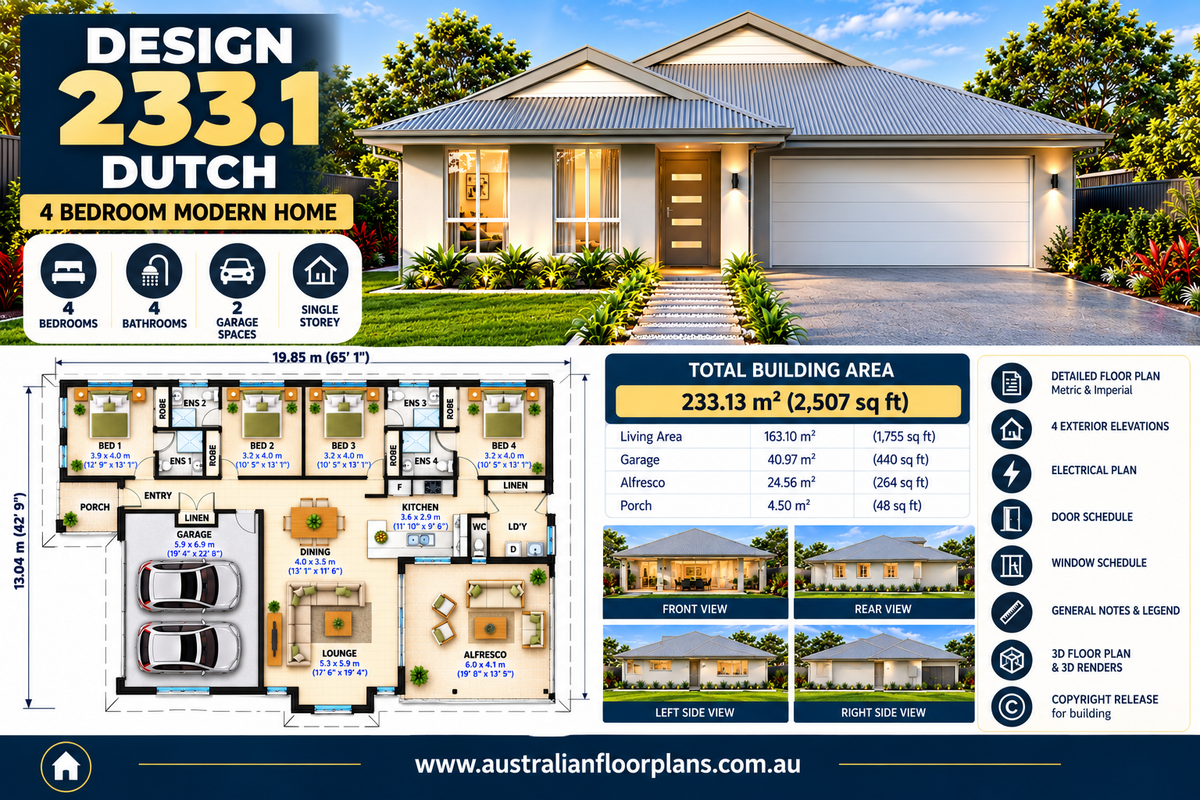 233.1 Dutch – Modern 4 Bedroom House Plans |  4 Bedrooms | 4 Ensuite Bathrooms | Double Garage | Single Storey | 233.13m² (2,507 sq ft)