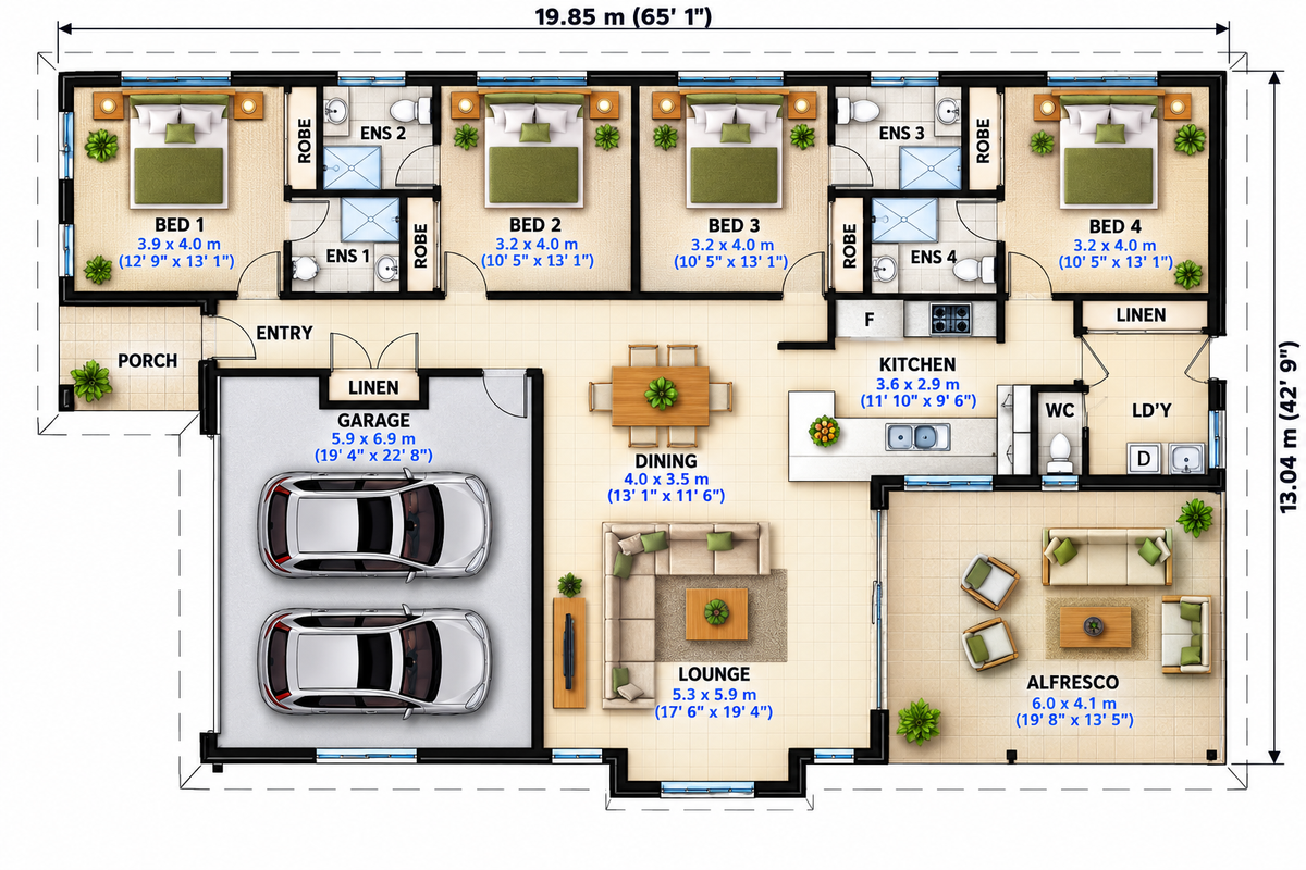 233.1 Dutch – Modern 4 Bedroom House Plans |  4 Bedrooms | 4 Ensuite Bathrooms | Double Garage | Single Storey | 233.13m² (2,507 sq ft)