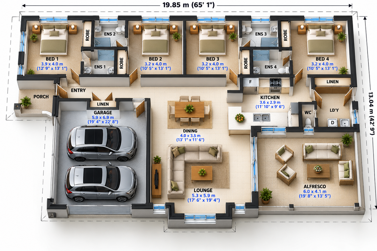 233.1 Dutch – Modern 4 Bedroom House Plans |  4 Bedrooms | 4 Ensuite Bathrooms | Double Garage | Single Storey | 233.13m² (2,507 sq ft)