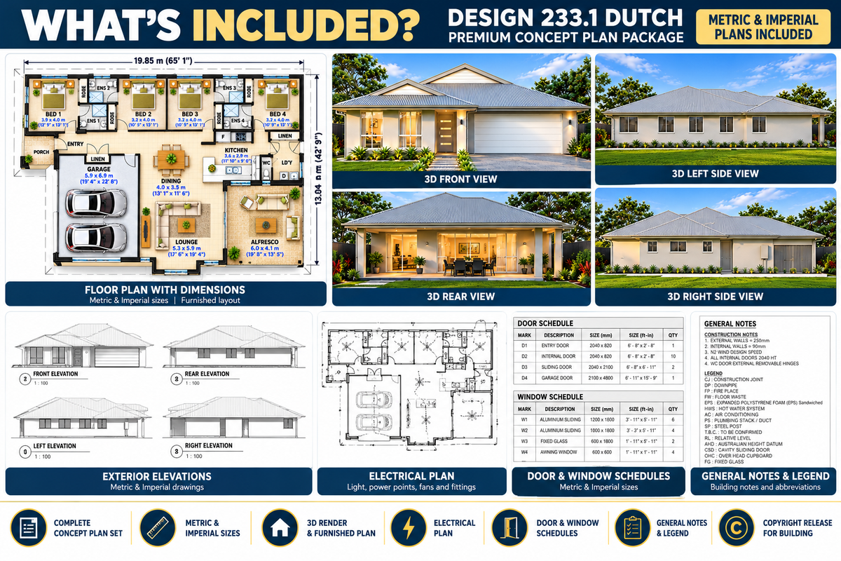 233.1 Dutch – Modern 4 Bedroom House Plans |  4 Bedrooms | 4 Ensuite Bathrooms | Double Garage | Single Storey | 233.13m² (2,507 sq ft)