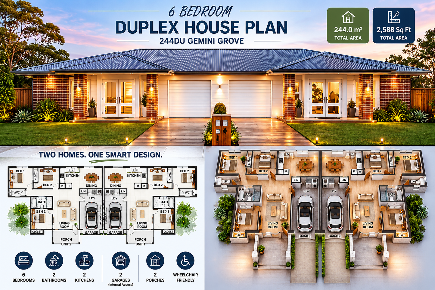 244.0 m² | 2,588 Sq Ft | 6 Bed Duplex House Plan | Dual Occupancy Design | 244DU Gemini Grove