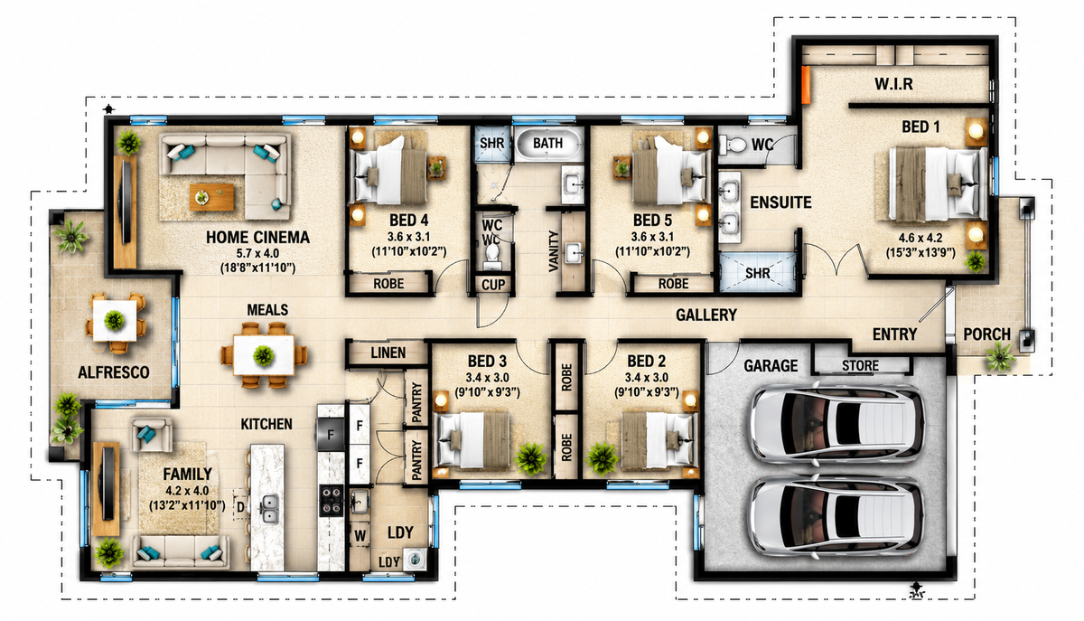 Country Style 5 Bedroom House Plans | 260.4 Blue Haven Ranch | 2800 Sq Ft | 260.4 m² (Copy)
