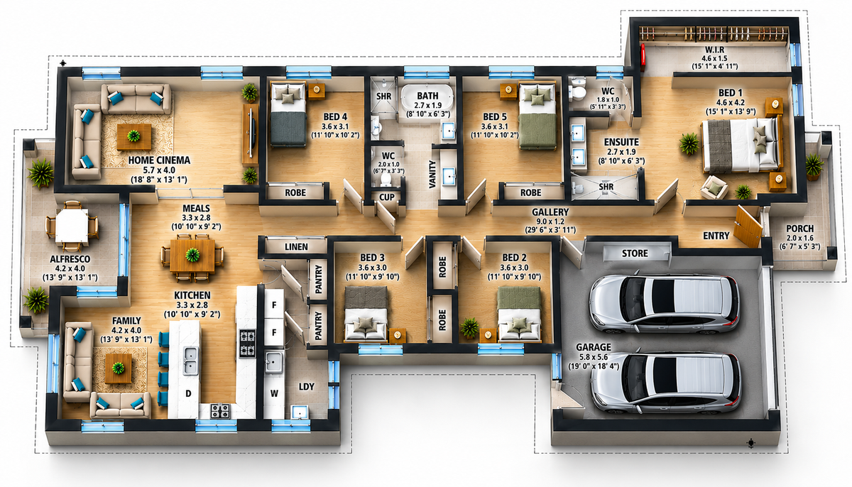 5 Bedroom House Plans | Modern Country Farmhouse | 2800 Sq Ft Single Storey Home Plan | Gable Roof Design | Digital PDF Download