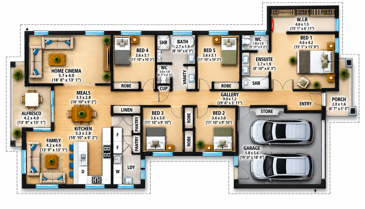 5 Bedroom House Plans | Modern Country Farmhouse | 2800 Sq Ft Single Storey Home Plan | Gable Roof Design | Digital PDF Download