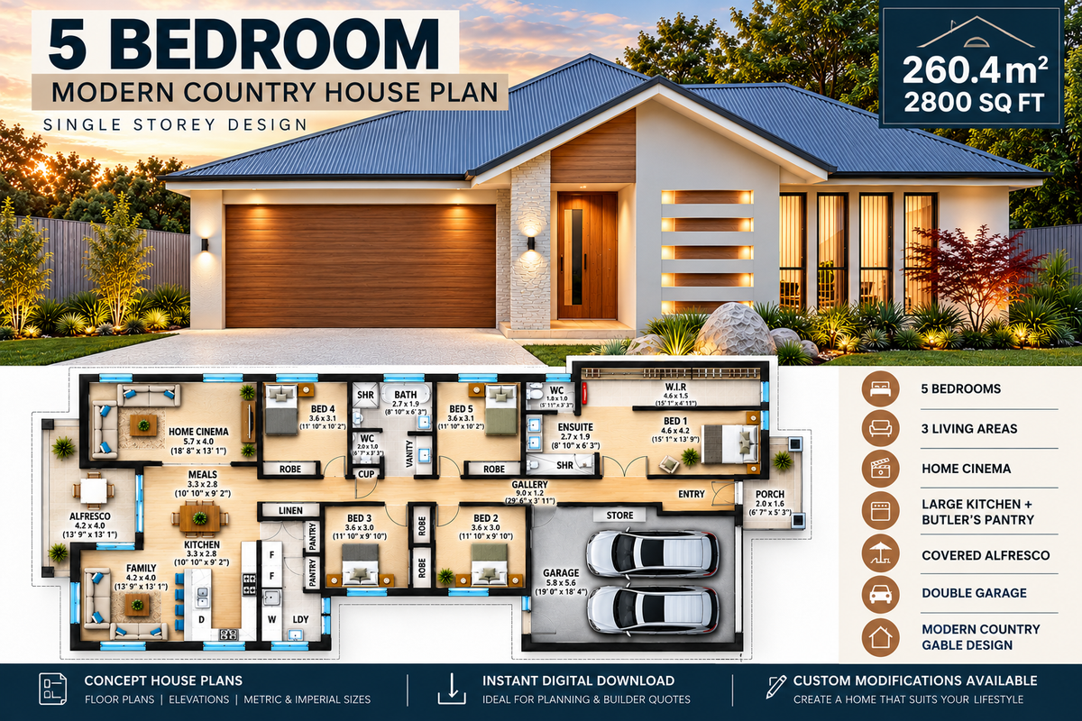 5 Bedroom House Plans | Modern Country Farmhouse | 2800 Sq Ft Single Storey Home Plan | Gable Roof Design | Digital PDF Download
